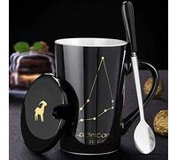 Abbcoert Tasse à café en céramique avec couvercle et cuillère - 12 constellations - Tasse à lait - 420 ml - Cadeau personnalisé - Personnalité créative (Capricorne, noir)