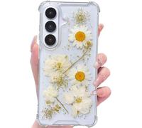 Abbery Coque de protection pour Samsung Galaxy S26 - En TPU transparent - Pour femme - Avec de véritables fleurs séchées et paillettes dorées - 4 coins - Anti-chocs - Anti-rayures - Fine