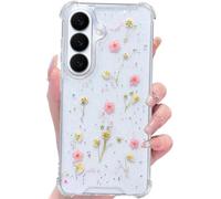 Abbery Coque de protection pour Samsung Galaxy S26 - En TPU transparent - Pour femme - Avec de véritables fleurs séchées roses et étoiles scintillantes - 4 coins - Anti-chocs - Anti-rayures - Fine