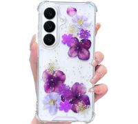 Abbery Coque de protection pour Samsung Galaxy S26 - En TPU transparent - Pour femme - Avec de véritables fleurs séchées violettes et paillettes - 4 coins - Anti-chocs - Anti-rayures - Fine