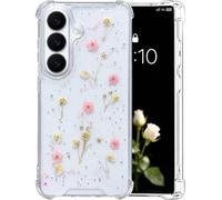 Abbery Coque de protection pour Samsung Galaxy S26 Plus - En TPU transparent - Pour femme - Avec de véritables fleurs séchées roses et étoiles scintillantes - 4 coins - Anti-chocs - Anti-rayures