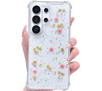 Abbery Coque de protection pour Samsung Galaxy S26 Ultra - En TPU transparent - Pour femme - Avec de véritables fleurs séchées roses et étoiles scintillantes - 4 coins - Protection contre les chocs et