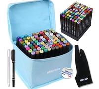 ABBICREA 80 Feutres a alcool double pointe kit dessin avec sacoche | 2 liners et 1 gant artiste OFFERTS | Coloriage adulte, jeune, débutant, professionnel | Marqueurs permanents indélébiles