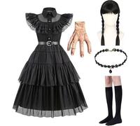 ABC.icos Costume de mercredi pour enfant - Costume gothique noir pour fille - Mercredi - Famille - Cosplay - Robes avec autocollants - Perruque - Bonnet de perruque - Costume de carnaval - Tenue pour