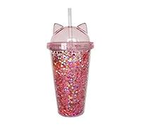 ABchat Plastic Cup with Straw, Sequins Double Layer Water Bottle with Cat Ears Glitter Water Cup for Girls Pink Canteens Water Bottles