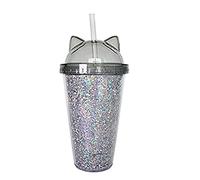 ABchat Plastic Cup with Straw, Sequins Double Layer Water Bottle with Cat Ears Glitter Water Cup for Girls Grey Cups & Mugs
