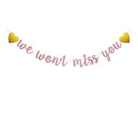 ABCpartyland Bannière « We Won't Miss You » pré-enfilée, aucun assemblage nécessaire, décorations de fête amusantes en papier or rose à paillettes pour adieu, sortie, remise de diplôme, changement d'emploi, déménagement, fête de retraite, lettres or rose, ABCpartyland