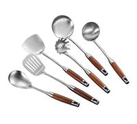 Abcsea 6 Pièces Set de Cuisine Inox avec Cuillères, Spatules et Ustensiles, Manche Stratifié en Poirier