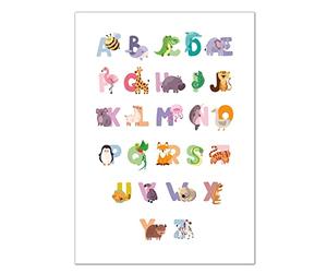 Abecedaire affiche décoration format A3 - chambre enfant bébé - Décoration garcon ou fille - Motif alphabet abcd animaux - Idée cadeau - Thème lettre - Thème maternelle enfant bébé