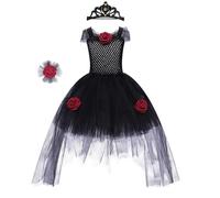 ABEHIK Costume de vampire d'Halloween pour fille avec chapeau : ensemble de cosplay gothique, vampire reine, noir et rouge, costume de carnaval, fête, noir, L/120 cm