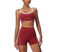 ABEHIK Ensemble de yoga 2 pièces pour femme avec bordure contrastée, soutien-gorge de sport, taille haute, contrôle du ventre, short de jogging