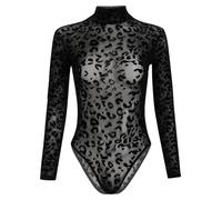 ABEHIK Haut transparent pour femme - Body rave sexy pour festival de musique - Tenue de fête discothèque - Pole Dance - T-shirt, Léopard noir., S