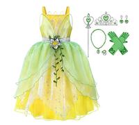 ABEHIK Robe de Princesse Tiana pour Fille - Costumes de Grenouille - Costumes d'Halloween - Déguisement de Jeux de Rôle - Robes de Noël Carnaval-Robe Tutu avec Bandeau Vert et jaune 2-3ans