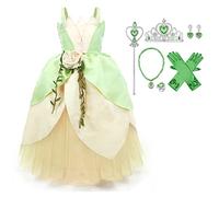 ABEHIK Robe de Princesse Tiana pour Fille - Costumes de Grenouille - Costumes d'Halloween - Déguisement de Jeux de Rôle - Robes de Noël Carnaval-Robe Tutu avec Bandeau Vert clair 8-9ans