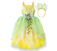 ABEHIK Robe de Princesse Tiana pour Fille - Costumes de Grenouille - Costumes d'Halloween - Déguisement de Jeux de Rôle - Robes de Noël Carnaval-Robe Tutu avec Bandeau Jaune 10-11ans