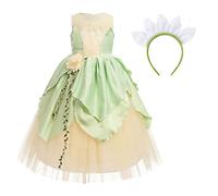 ABEHIK Robe de Princesse Tiana pour Fille - Costumes de Grenouille - Costumes d'Halloween - Déguisement de Jeux de Rôle - Robes de Noël Carnaval-Robe Tutu avec Bandeau Blanc 6-7ans