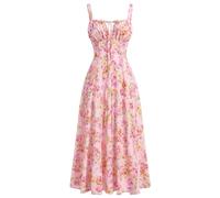 ABEHIK Robe Elégante pour Femme Floral Imprimé Robe de Plage Robe Dos Nu à Haute avec Dentelle A-Line Bretelles Spaghetti Robe Fendue Robe d'Eté Boho pour Photographie Vacance Rose Fleur XS