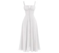 ABEHIK Robe Elégante pour Femme Floral Imprimé Robe de Plage Robe Dos Nu à Haute avec Dentelle A-Line Bretelles Spaghetti Robe Fendue Robe d'Eté Boho pour Photographie Vacance Blanc XS