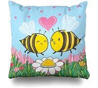 Abeilles Jaunes Et Bleues Drôles Et Mignonnes Qui Aiment Les Vacances D'Été Blanches Housse De Coussin Doux Housses De Coussins Lavable Housse Coussin pour Extérieur Chambre Canape 45X45Cm