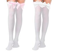 Abeillo Lot de 2 paires de bas de cuisse hauts en dentelle avec nœud en satin pour femme, blanc/rose, 23.6 inch/60 cm