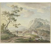 Ãœber eine steinerne Brücke geht ein Mann auf dem Weg ein Bauer mit einer Kuh und Schafen (1777) Poster Print by Johannes Christiaan Janson (45,7 x 61 cm)