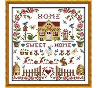 ABEUTY Home Sweet House Kit de Point de Croix pour Adultes Pré-imprimé, Kit de Démarrage de Broderie et Couture DIY 14ct Canevas Estampé DMC Travaux d'Aiguille Facile Débutants (Estampé Home)