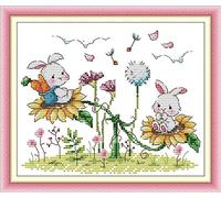 ABEUTY Kit de broderie au point de croix imprimé pour adultes - Oiseaux, animaux, fleurs - Kit de démarrage à la couture - Tampon ou non estampillé - Décoration d'intérieur (non estampillé, lapin)