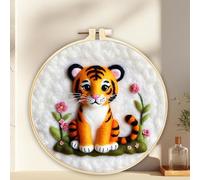 ABEUTY Kit de feutrage à l'aiguille avec motif de tigre pour débutants et adultes, kit de démarrage de peinture en laine feutrée mignon avec motif de fleurs de tigre, DIY avec cerceau à broder et
