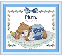 ABEUTY Kit de point de croix bébé ours endormi (bleu) pour adultes pré-imprimés ou non, kit de démarrage de broderie 14 fils estampillé ou non estampillé DMC facile pour débutants (estampillé)
