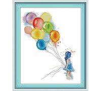 ABEUTY Kit de point de croix fille avec ballons pour adultes pré-imprimés ou non, kit de démarrage de broderie 14 fils estampillé ou non estampillé DMC facile pour débutants (estampillé)