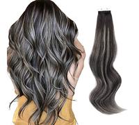 ABH AMAZINGBEAUTY HAIR Lot de 20 extensions de cheveux à bande adhésive, ombrées, décolorées, naturelles, noir à gris argenté, avec ruban adhésif noir, soyeux, blanc, extrémité épaisse, 50 g, 40 cm
