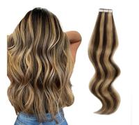 ABH AMAZINGBEAUTY HAIR Lot de 20 extensions de cheveux humains à bande adhésive - Extensions capillaires de 55,9 cm - Brun chocolat avec mèches blond caramel - #P4-27 50 g