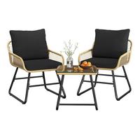 Abician 3 Pièces Salon de Jardin Exterieur en Polyrotin, 2 Personnes Ensemble Mobilier avec 2 Fauteuils et 1 Table Basse Plateau en Verre Trempé pour Patio Terrasse Bistro Beige/Noir