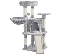 Abician Arbre à Chat Hauteur 107cm Griffoir, Tour de Jeux en Sisal pour Chatons, 3 Plateformes/Panier/Cachette, Multiniveau, Design, Gris Clair