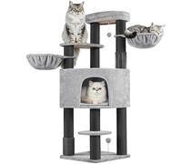 Abician Arbre à Chat XXL, Tour de Jeux pour Chat 25 KG, 56×56×160 cm, avec Griffoirs/Grande Niche/2 Panier/Perchoir/2 Jouets, Poteaux en Sisal 11 cm Ø Gris Clair/Noir