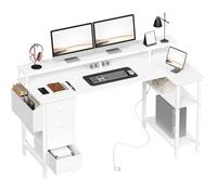Abician Bureau d'angle Réversible, 140x68cm Bureau Gaming en L avec Port De Charge USB Et Prise De Courant, avec 4 Tiroirs, Table Ordinateur avec Support D'écran pour Chambre Domicile Maison, Blanc