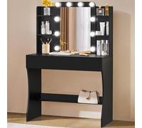 Abician Coiffeuse avec Miroir 10 LED 3 Couleurs Luminosité Réglable Table de Maquillage Deux Grands Tiroirs Six Étagères de Rangement Style Moderne Noir