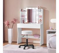 Abician Coiffeuse avec Miroir 10 LED 3 Couleurs Luminosité Réglable Table de Maquillage Deux Grands Tiroirs Six Étagères de Rangement Style Moderne Blanc