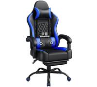 Abician Fauteuil Gaming Pivotant Ergonomique, Chaise d'ordinateur Inclinable avec Coussin Lombaire, Massant Têtière Amovible Repose-Pieds Coulissant, Assise Réglable en Hauteur, Noir/Bleu