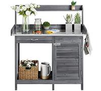 Abician Table de Rempotage Extérieure en Bois avec Tiroir Plan de Travail en Métal Étagère de Rangement Placard Inférieur 3 Crochets Latérales Table de Jardin pour Pots de Fleurs Gris