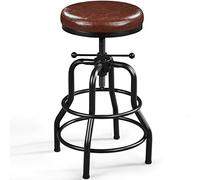 Abician Tabouret de Bar Vintage Tabouret de Comptoir Industriel en Similicuir Haut Rond Réglable en Hauteur avec Deux Repose-Pieds pour Cuisine Restaurant Design Néo-rétro Marron