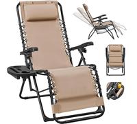 Abician Transat en Textilène avec Plateau Amovible Chaise Longue Pliante de Zéro Gravité Inclinable Fauteuil Relax pour Bain de Soleil Piscine Jardin Terrasse Charge 114kg Beige