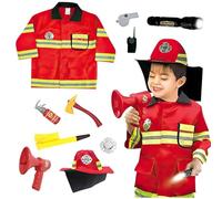 Abiemuce Costume de Pompier pour Enfants, Ensemble de Jeu de Rôle de Service d'Incendie avec Extincteur, Casque de Pompier, Lavable, pour 3 Ans et Plus