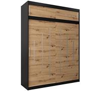 ABIKSMEBLE Armoire à Portes Coulissantes York 180 Avec Tringle et Étagère Pour Chambre à Coucher (Noir Mat + Chêne Artisan Avec Extension)