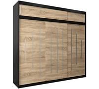 ABIKSMEBLE Armoire à Portes Coulissantes York 250 Avec Tringle et Étagère Pour Chambre à Coucher (Noir Mat + Chêne Sonoma Avec Extension)