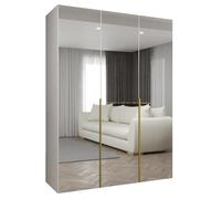 ABIKSMEBLE - Armoire Alicante 3 avec Mirroir - Hauteur 200cm, Largeur 150 cm, Profondeur 52cm - Corps Blanc, Poignée l'or - Meuble de Rangement Moderne pour Salon