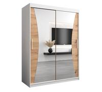ABIKSMEBLE Armoire Monaco 150 avec portes coulissantes, tringle et étagère pour chambre à coucher avec miroir (blanc mat + chêne artisanal)