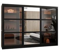 ABIKSMEBLE Dome 2 Armoire à Trois Portes Coulissantes avec Miroir, Barres et Étagères - Armoire de Rangement avec Verre Fumé pour Chambre, Salon - 200x250x62 cm - Noir, Noir, Noir