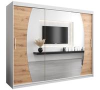 ABIKSMEBLE Elypse 250 Armoire avec trois portes coulissantes pour chambre à coucher - Armoire moderne avec miroir, porte-manteau et étagères - 250 x 200 x 62 cm - Blanc mat + artisan
