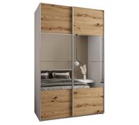 ABIKSMEBLE LUX 4 Armoire à 2 Portes Coulissantes avec Miroir Elégant au Milieu de la Façade - Fermeture Silencieuse - Système HETTICH Topline L - 245,5x150x64cm - Blanc, Artisan, Argent